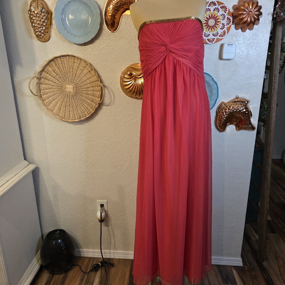 Calvin Klein Watermelon Hot Pink Strapless Formal Dress With Gold Bead Trim